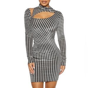 #66 NAKED WARDROBE velvet Houndstooth Mini Cut‎ Out Dress Sz. XS NWOT
